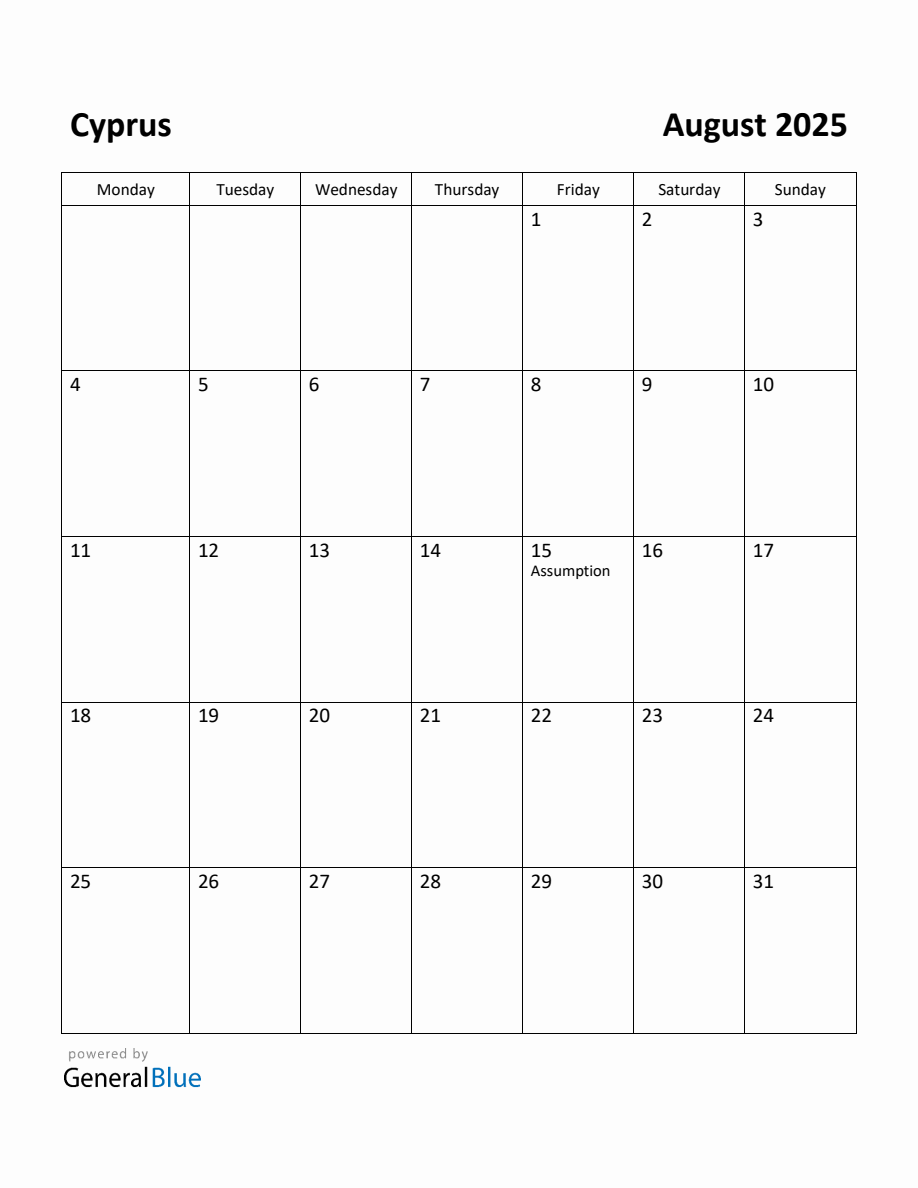 Free Printable August 2025 Calendar for Cyprus