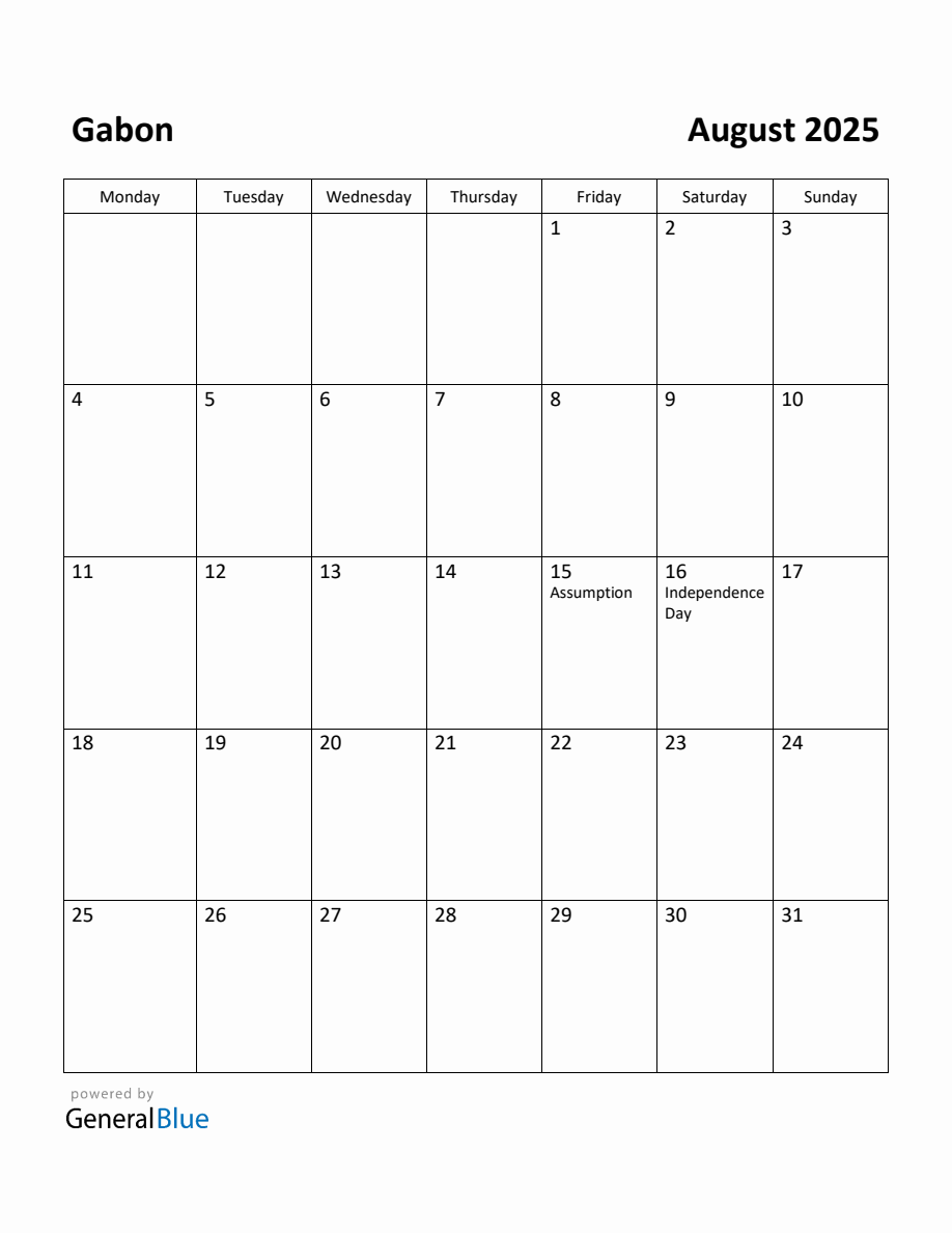 Free Printable August 2025 Calendar for Gabon