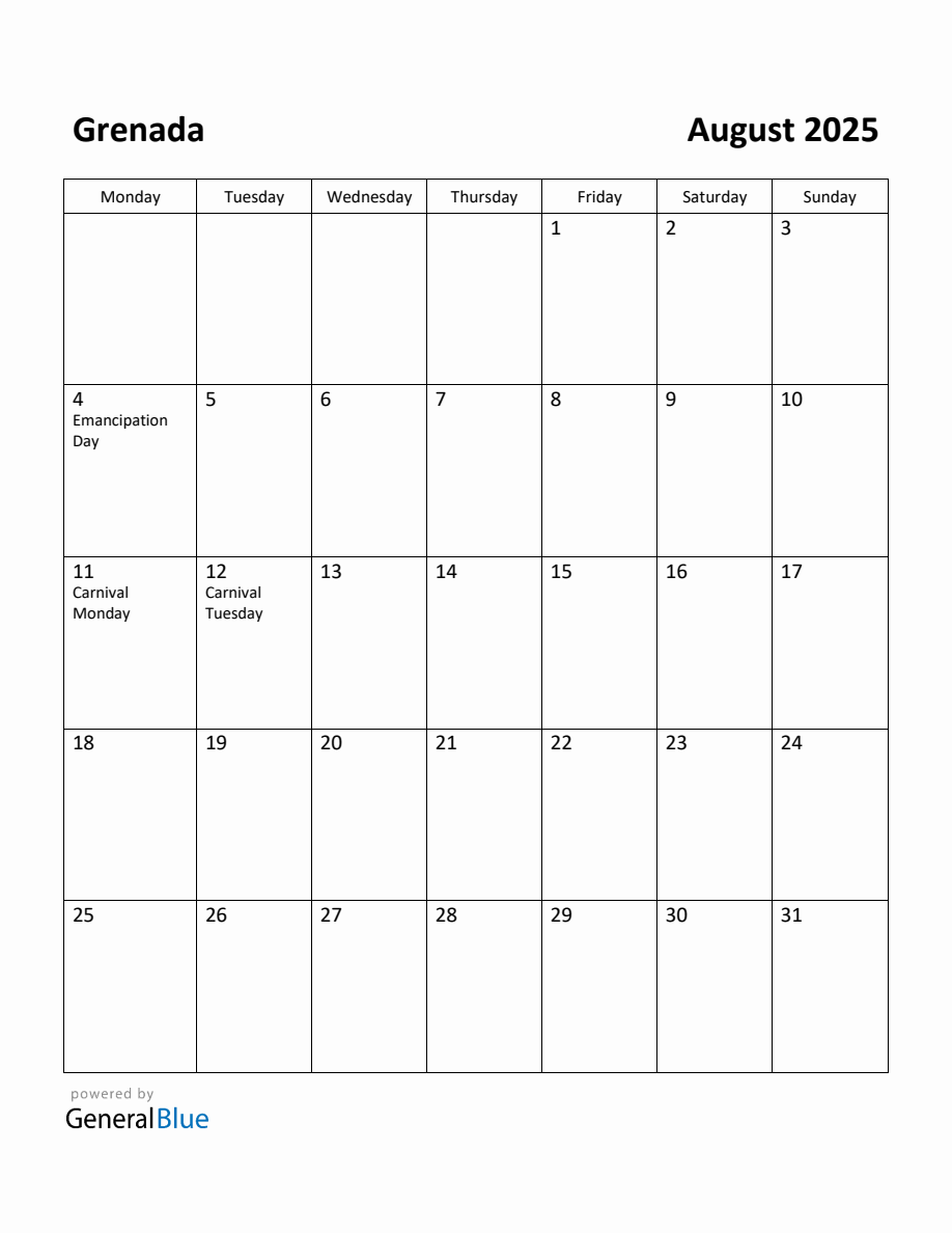 Free Printable August 2025 Calendar for Grenada