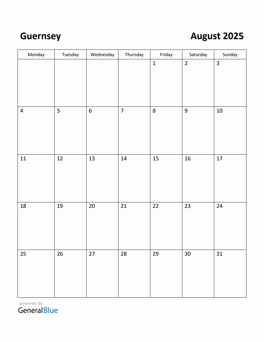 Free Printable August 2025 Calendar for Guernsey