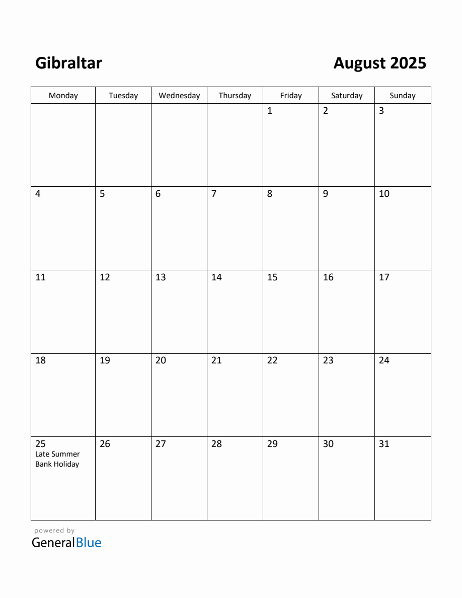 Free Printable August 2025 Calendar for Gibraltar