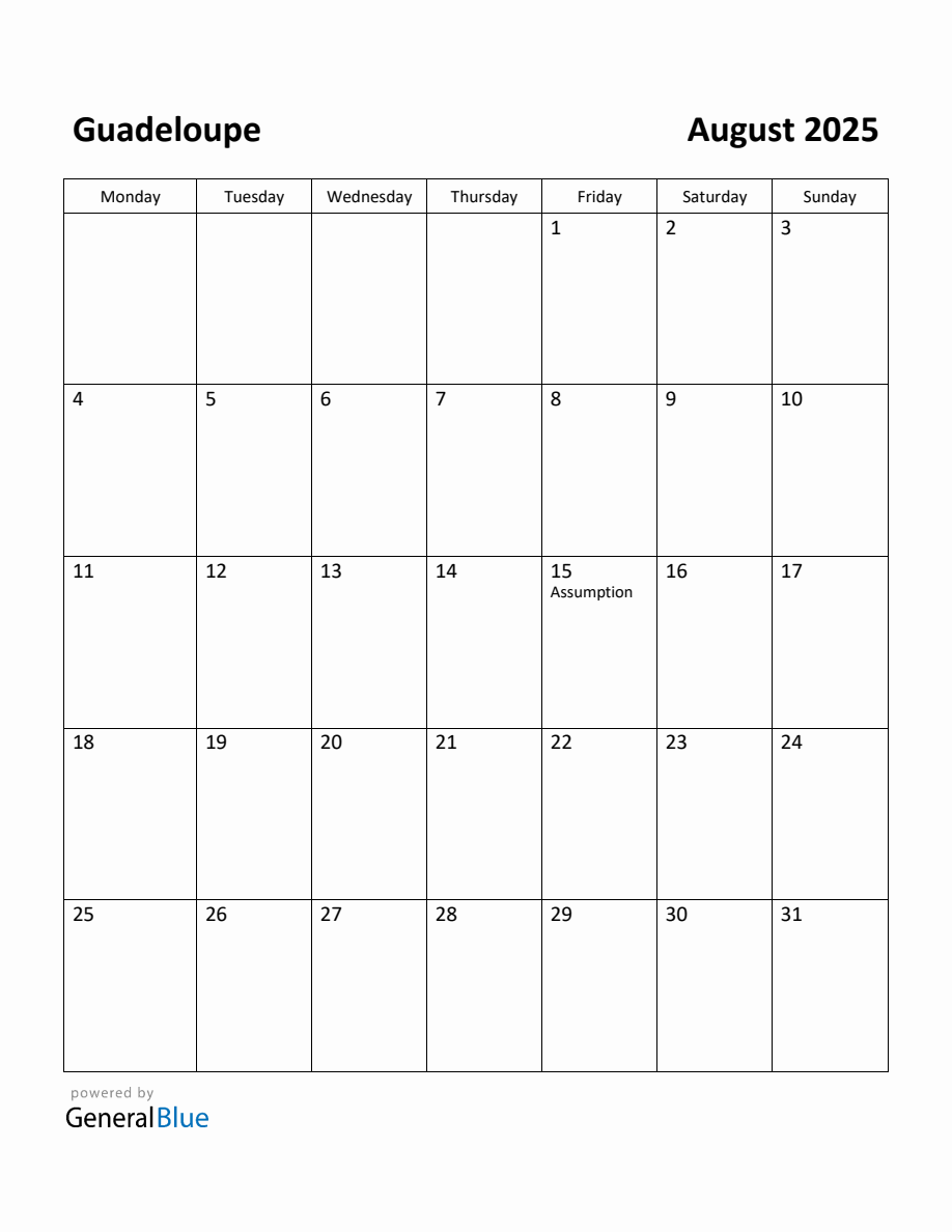 Free Printable August 2025 Calendar for Guadeloupe