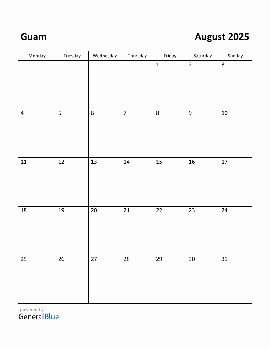 Free Printable August 2025 Calendar for Guam