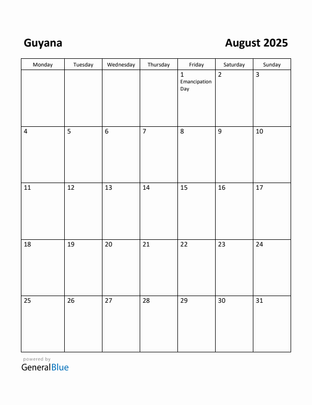 August 2025 Calendar with Guyana Holidays