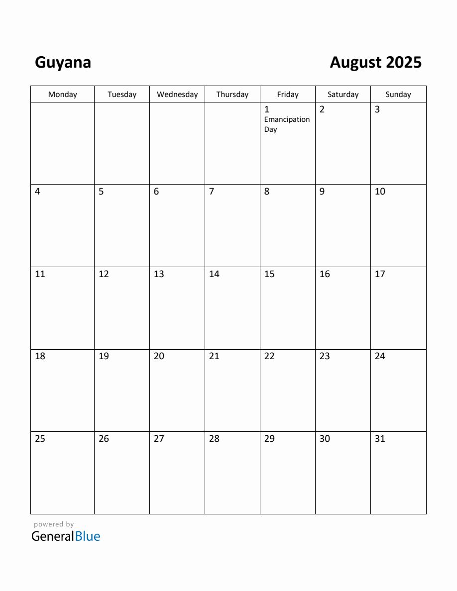 Free Printable August 2025 Calendar for Guyana
