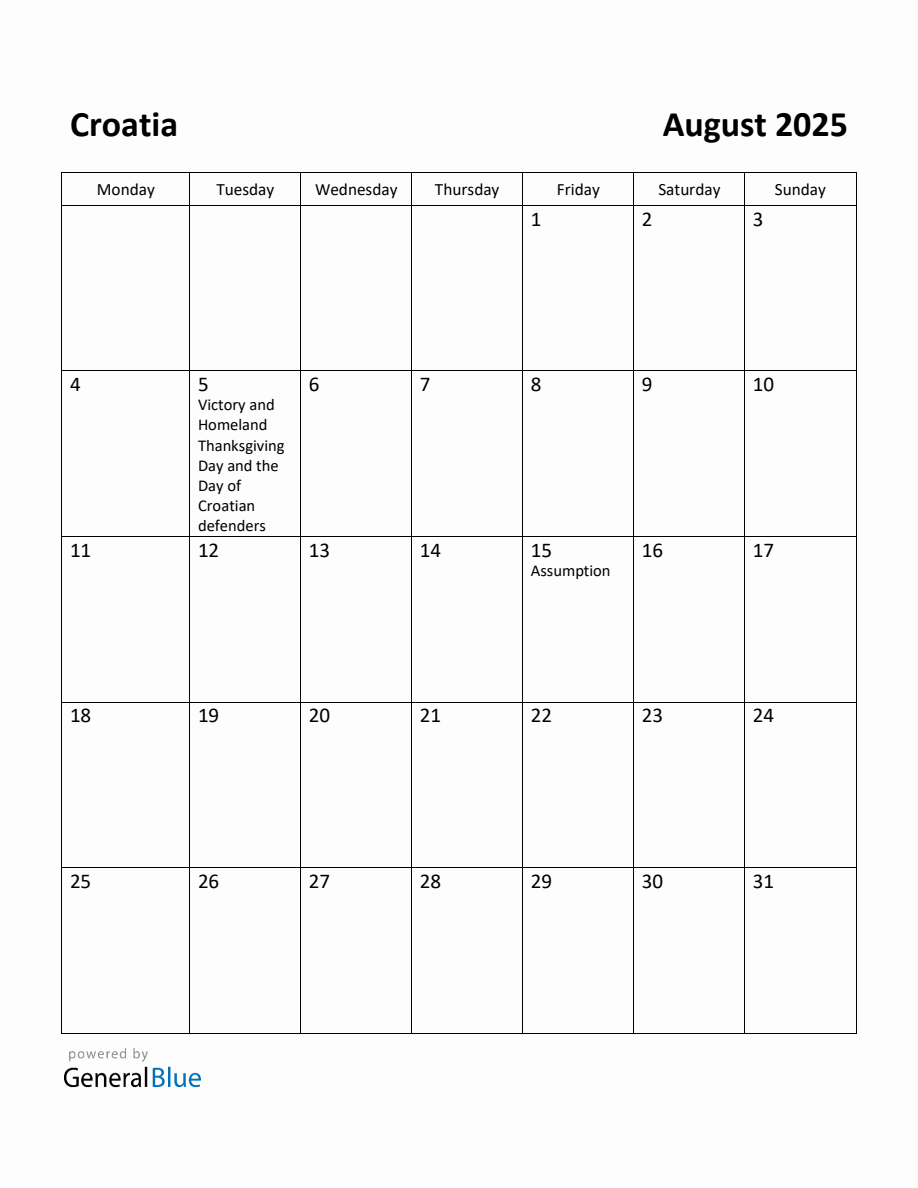 Free Printable August 2025 Calendar for Croatia