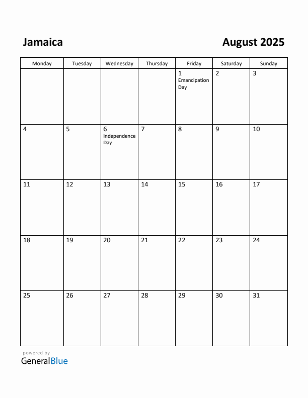 August 2025 Calendar with Jamaica Holidays