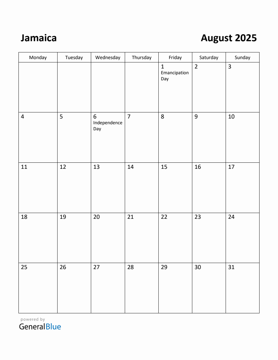 Free Printable August 2025 Calendar for Jamaica