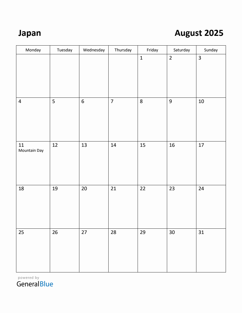 Free Printable August 2025 Calendar for Japan