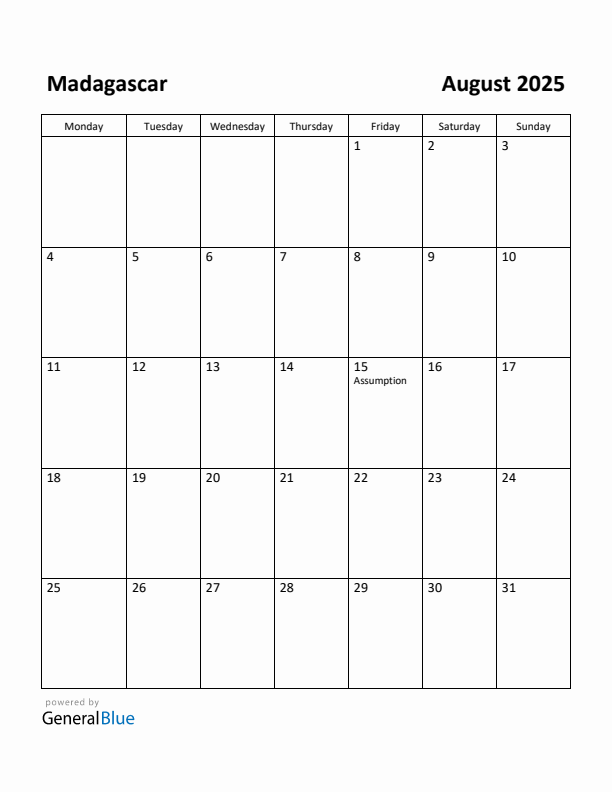 August 2025 Calendar with Madagascar Holidays