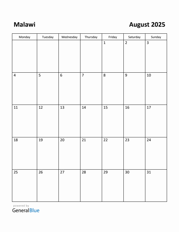 August 2025 Calendar with Malawi Holidays