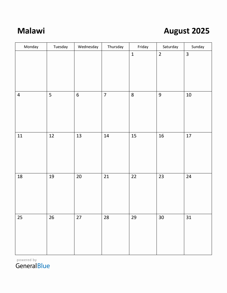 Free Printable August 2025 Calendar for Malawi