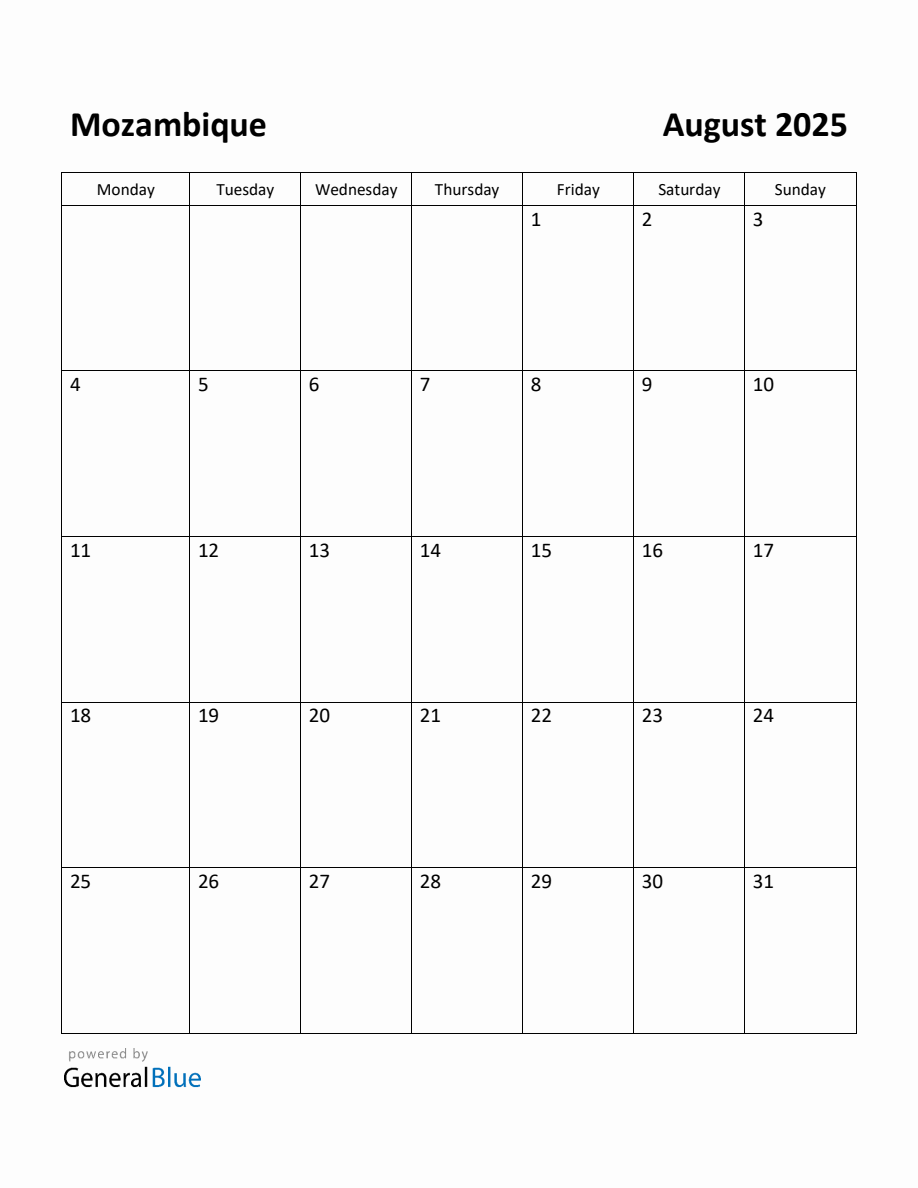 Free Printable August 2025 Calendar for Mozambique