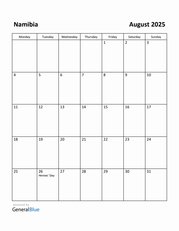 August 2025 Calendar with Namibia Holidays