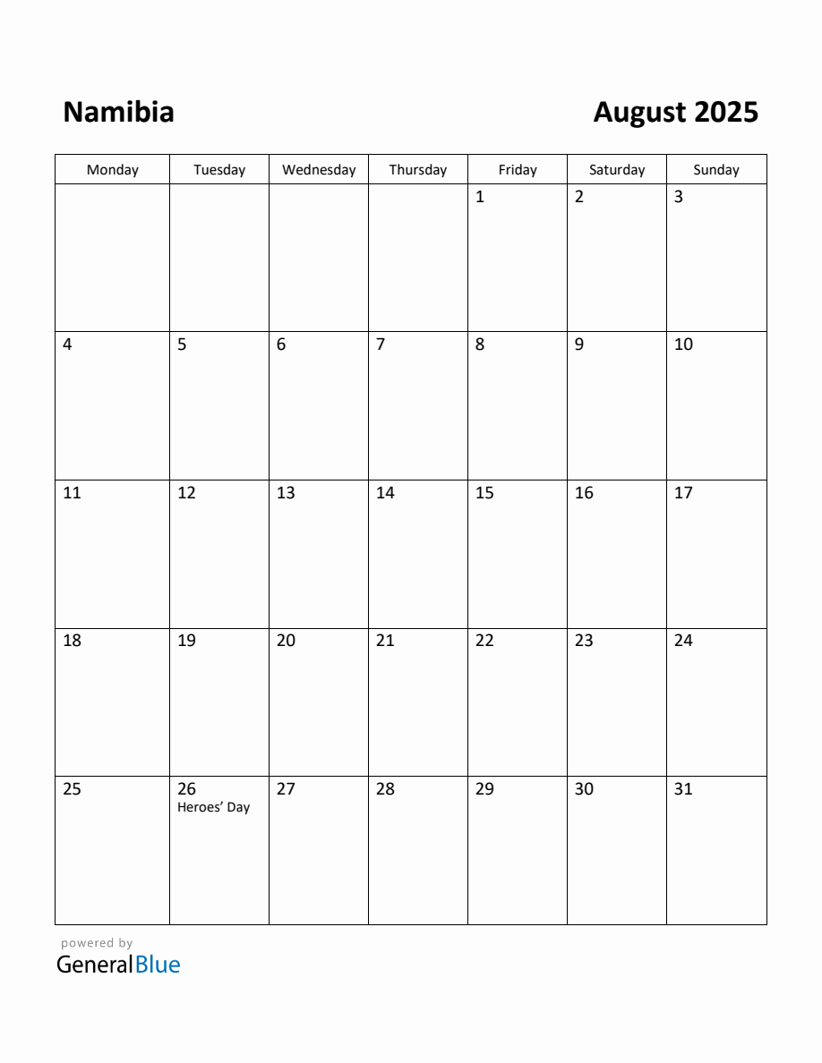 Free Printable August 2025 Calendar for Namibia