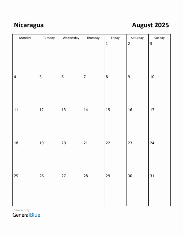 August 2025 Calendar with Nicaragua Holidays