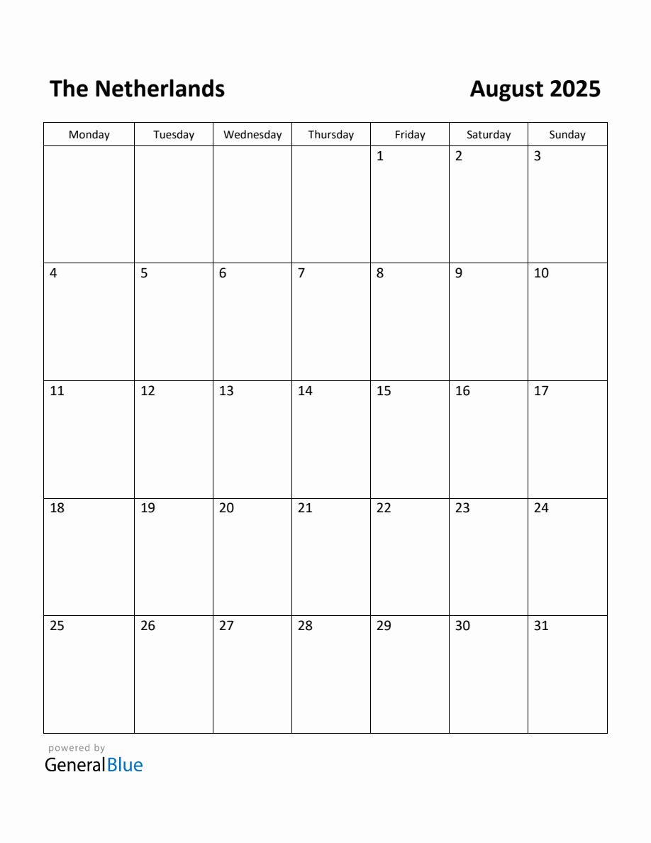 Free Printable August 2025 Calendar for Netherlands