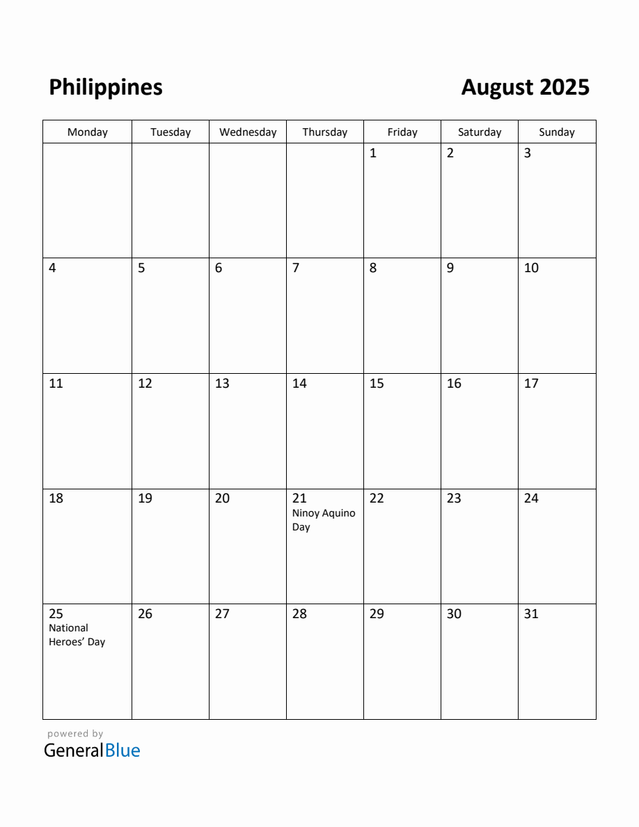 Free Printable August 2025 Calendar for Philippines