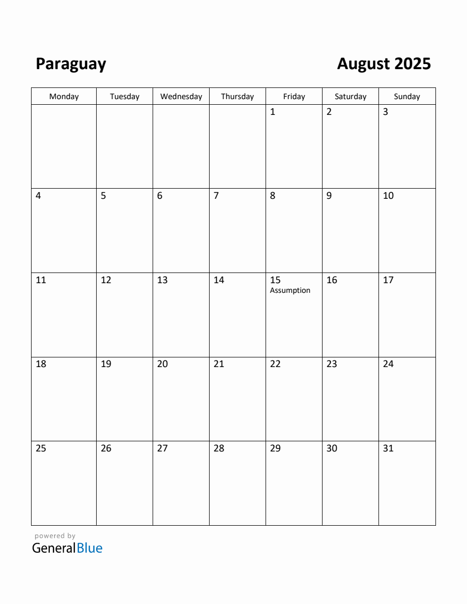 Free Printable August 2025 Calendar for Paraguay