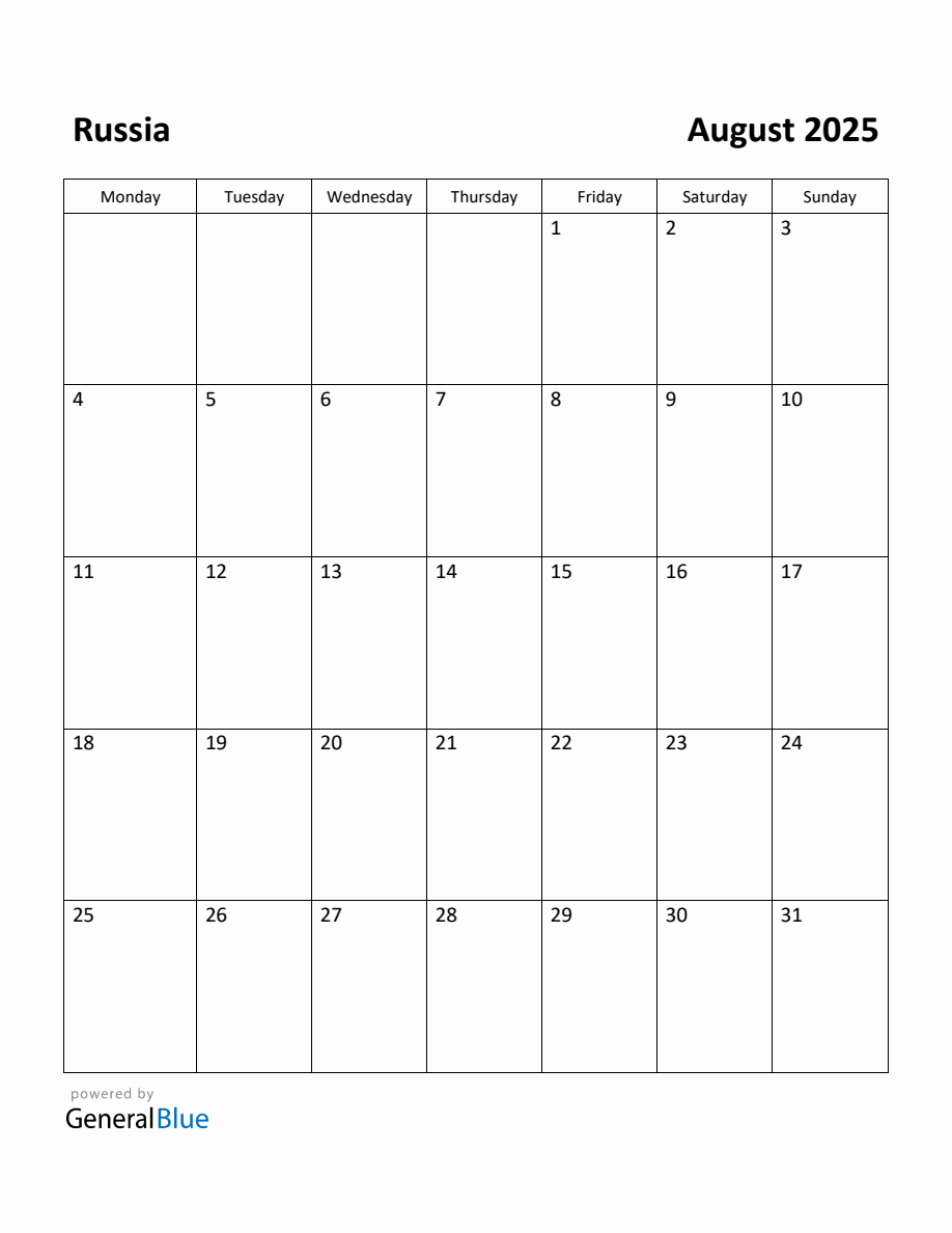 Free Printable August 2025 Calendar for Russia