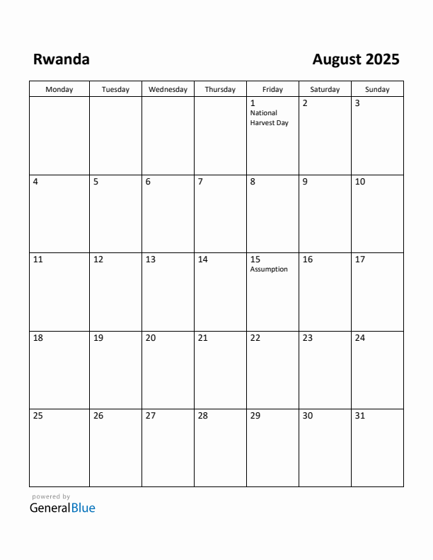 August 2025 Calendar with Rwanda Holidays