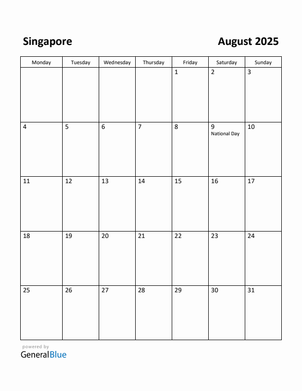 August 2025 Calendar with Singapore Holidays
