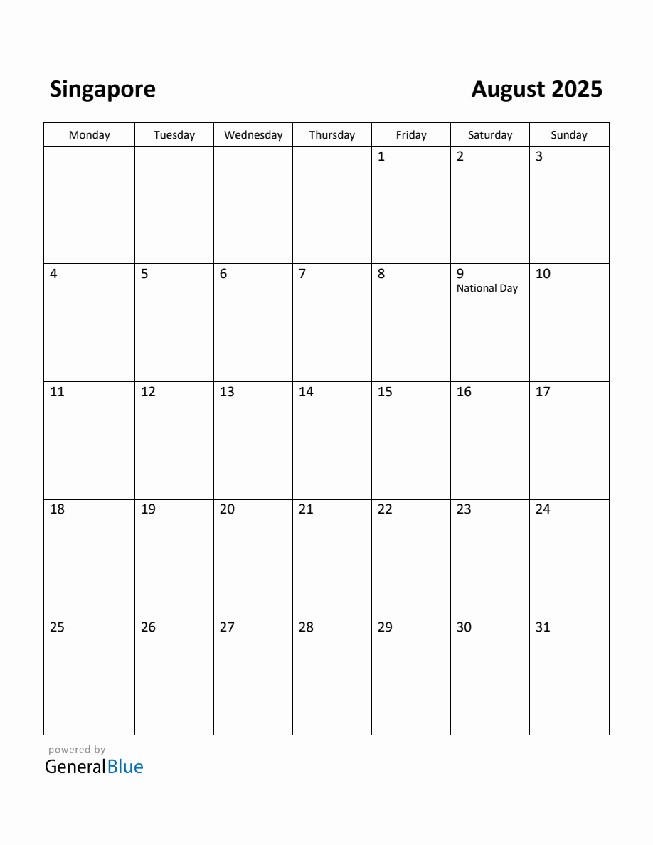 Free Printable August 2025 Calendar for Singapore