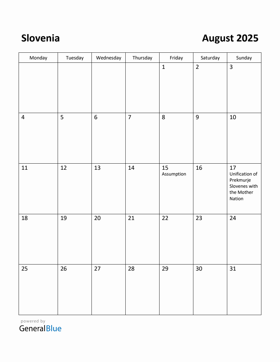 Free Printable August 2025 Calendar for Slovenia