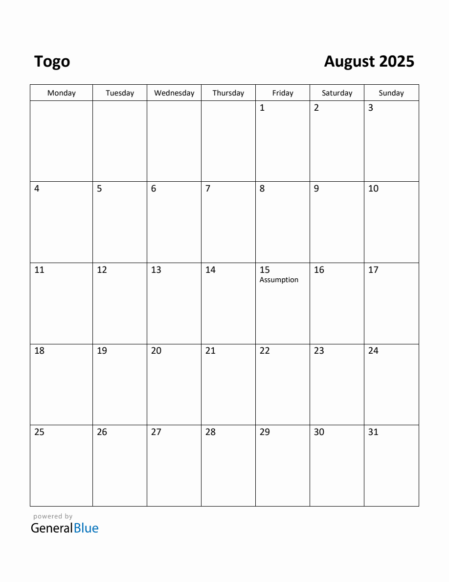 Free Printable August 2025 Calendar for Togo