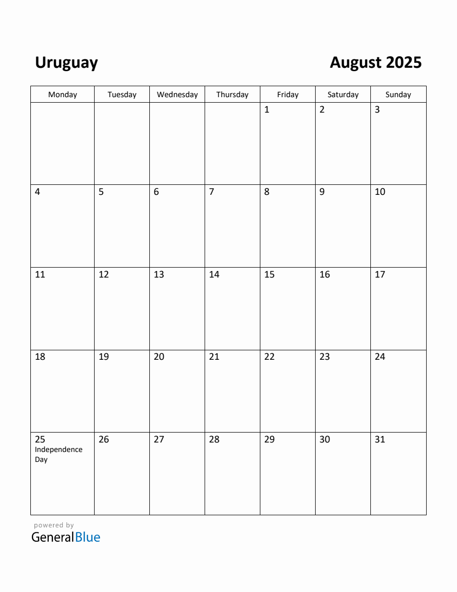 Free Printable August 2025 Calendar for Uruguay