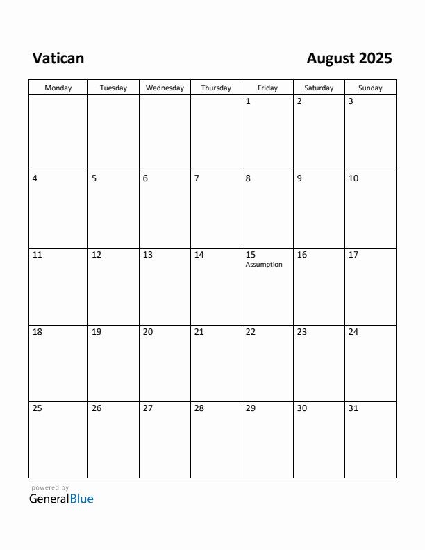 August 2025 Calendar with Vatican Holidays