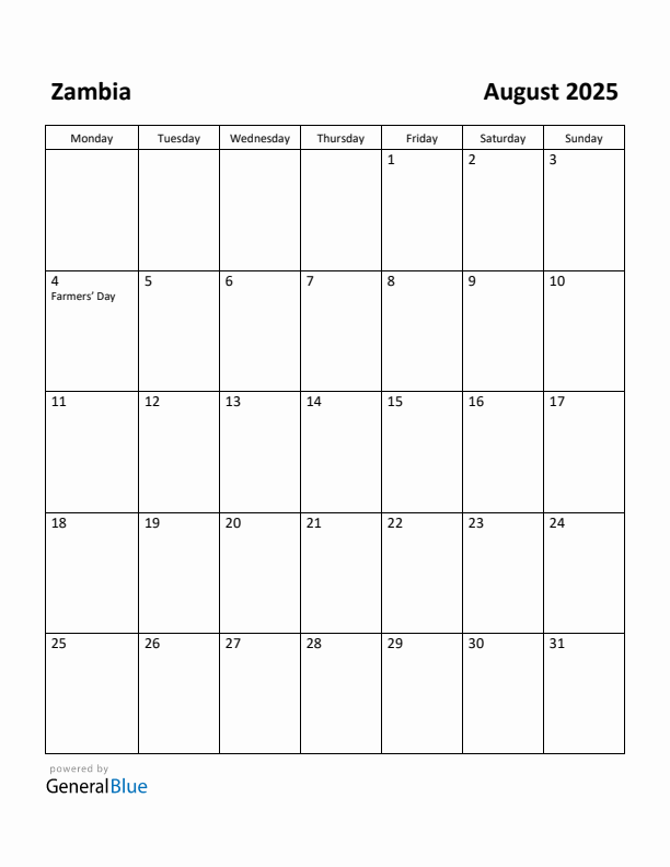 Free Printable August 2025 Calendar for Zambia