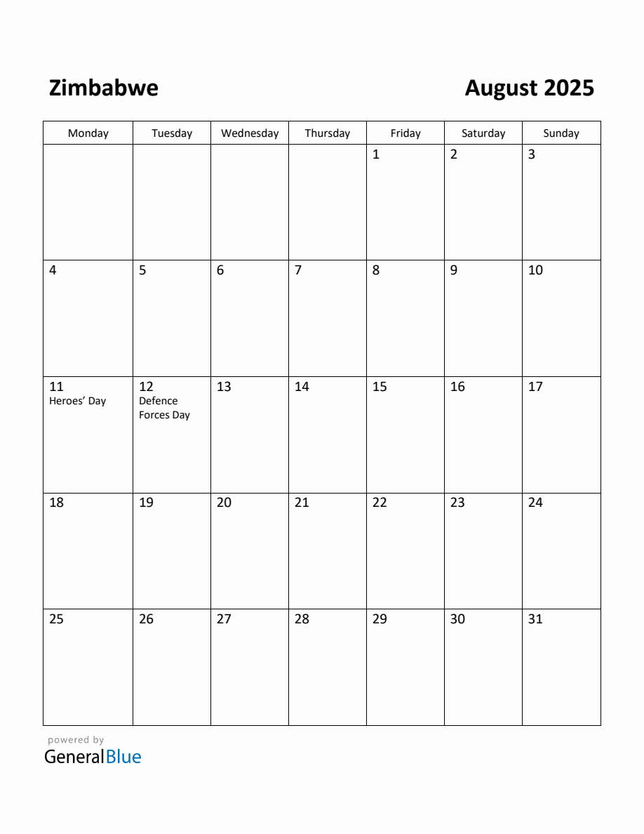 Free Printable August 2025 Calendar for Zimbabwe