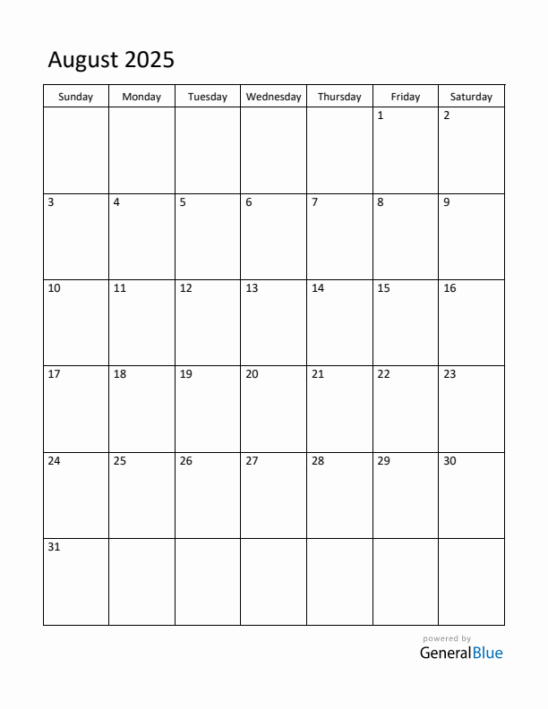 Sunday Start Calendar for August 2025