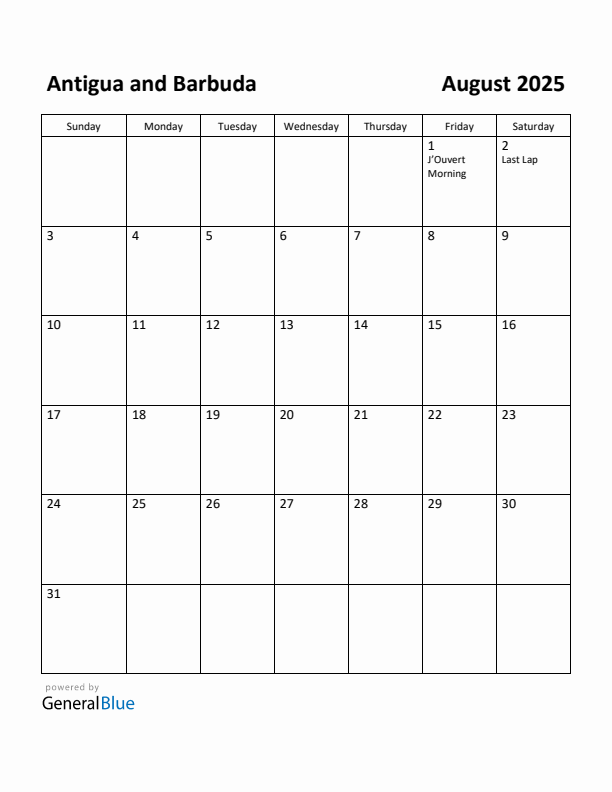 August 2025 Calendar with Antigua and Barbuda Holidays