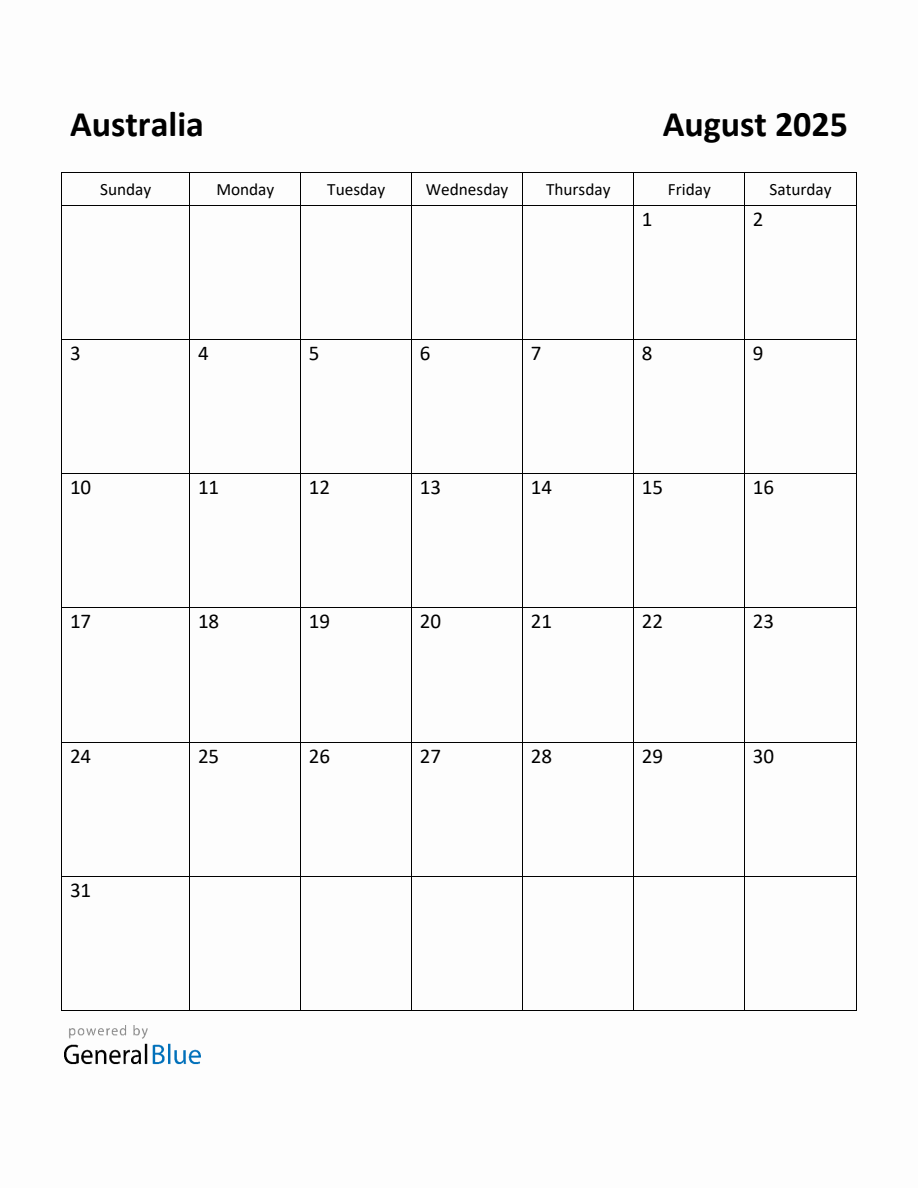 Free Printable August 2025 Calendar for Australia