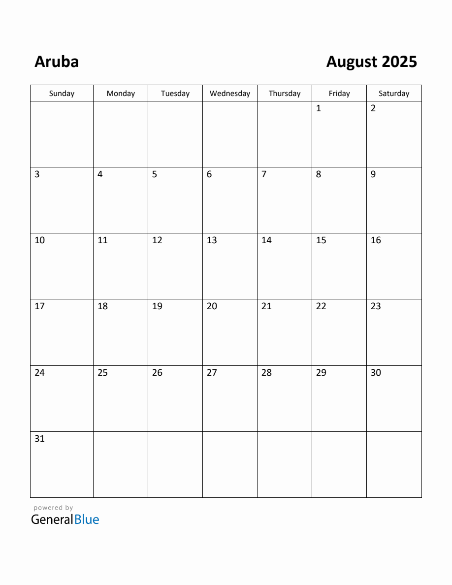 Free Printable August 2025 Calendar for Aruba