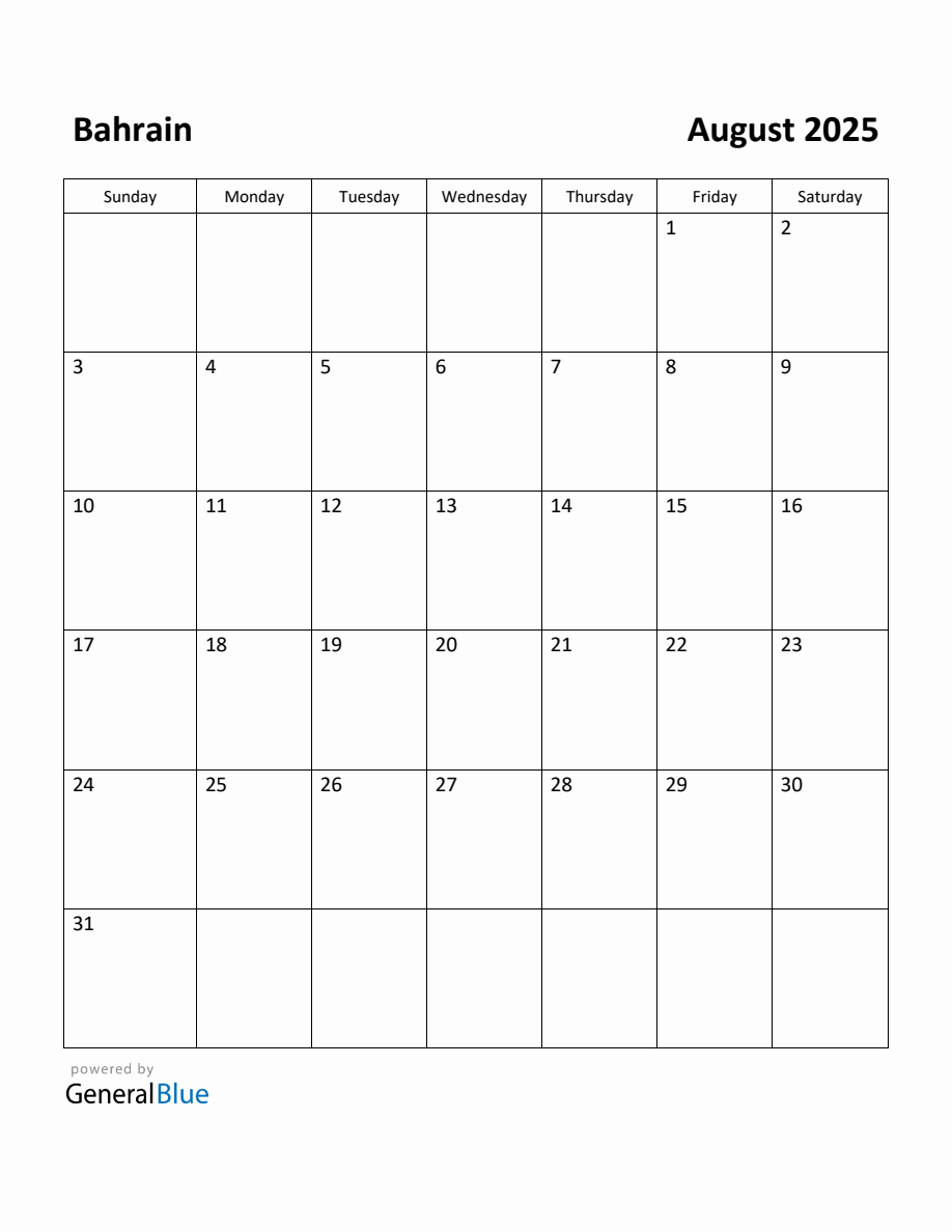 Free Printable August 2025 Calendar for Bahrain