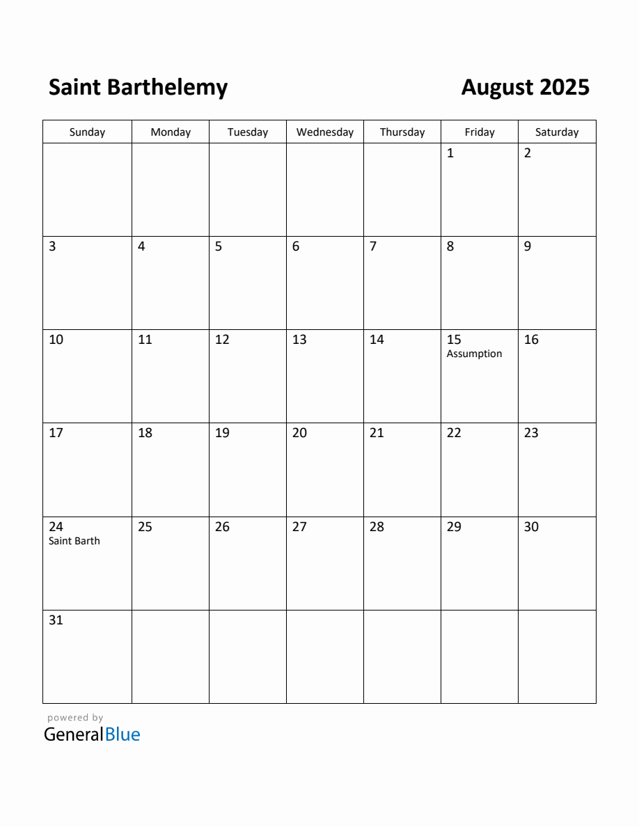 Free Printable August 2025 Calendar for Saint Barthelemy