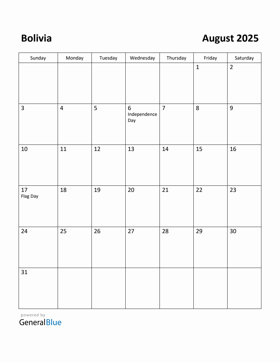 Free Printable August 2025 Calendar for Bolivia