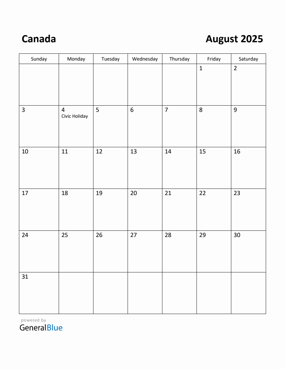 Free Printable August 2025 Calendar for Canada