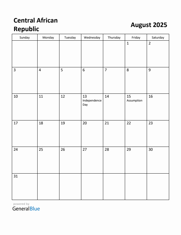 August 2025 Calendar with Central African Republic Holidays