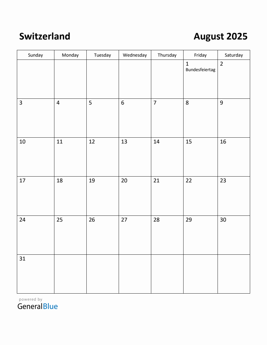 Free Printable August 2025 Calendar for Switzerland