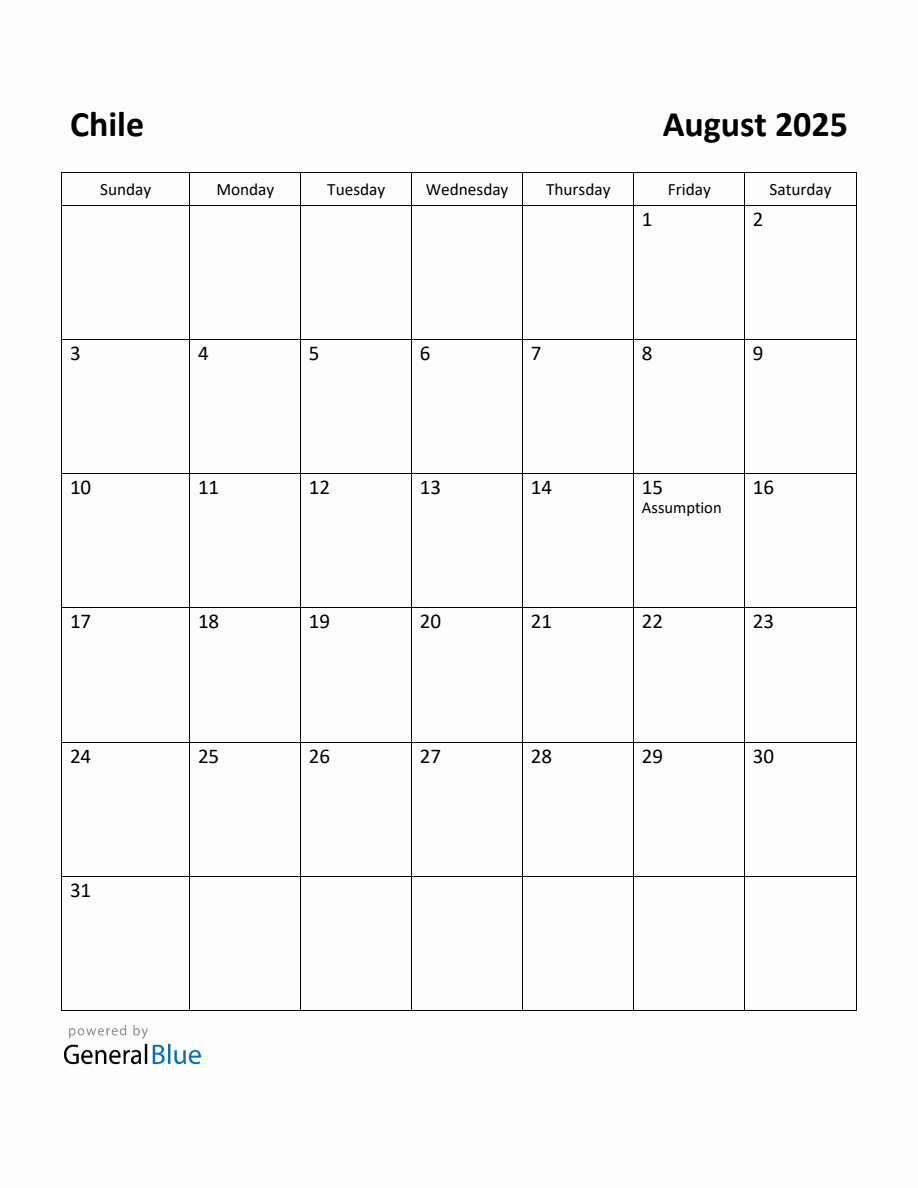 Free Printable August 2025 Calendar for Chile