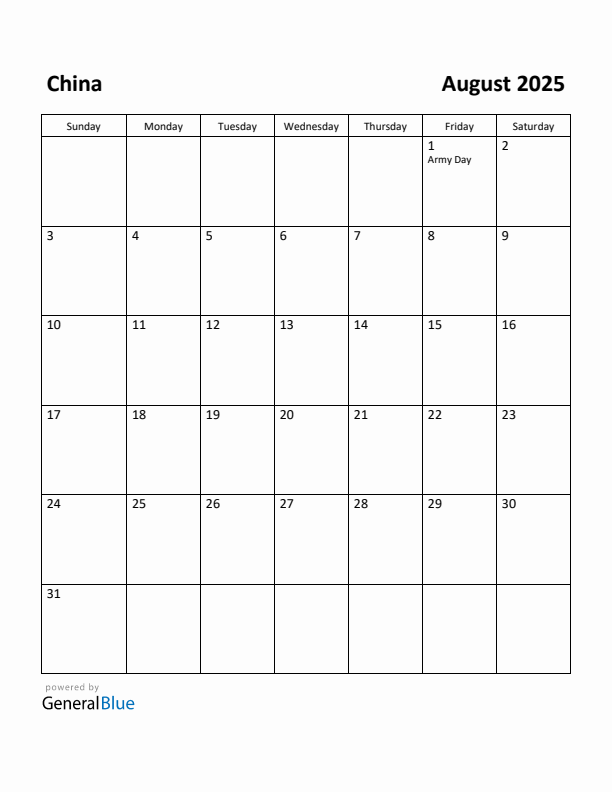 Free Printable August 2025 Calendar for China
