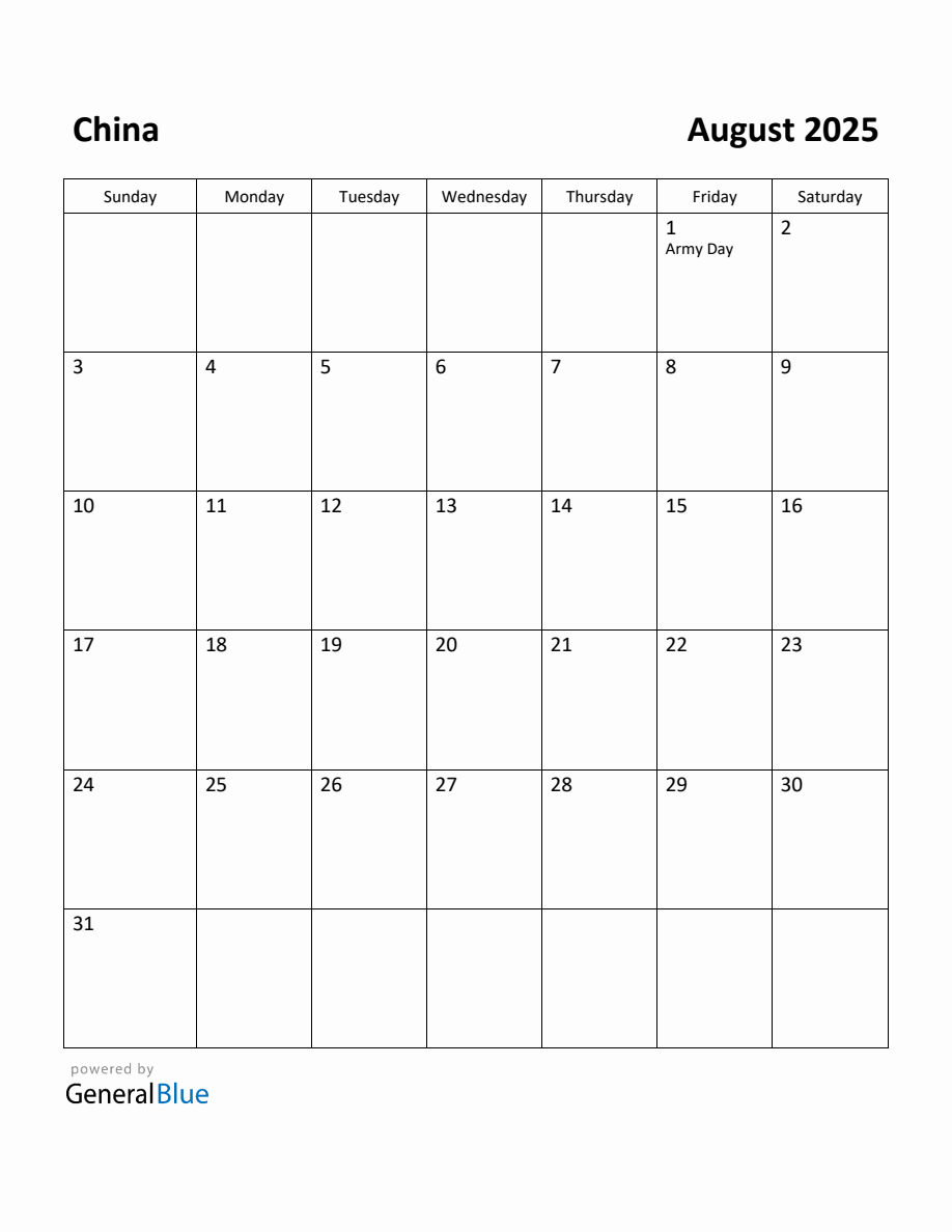 Free Printable August 2025 Calendar for China