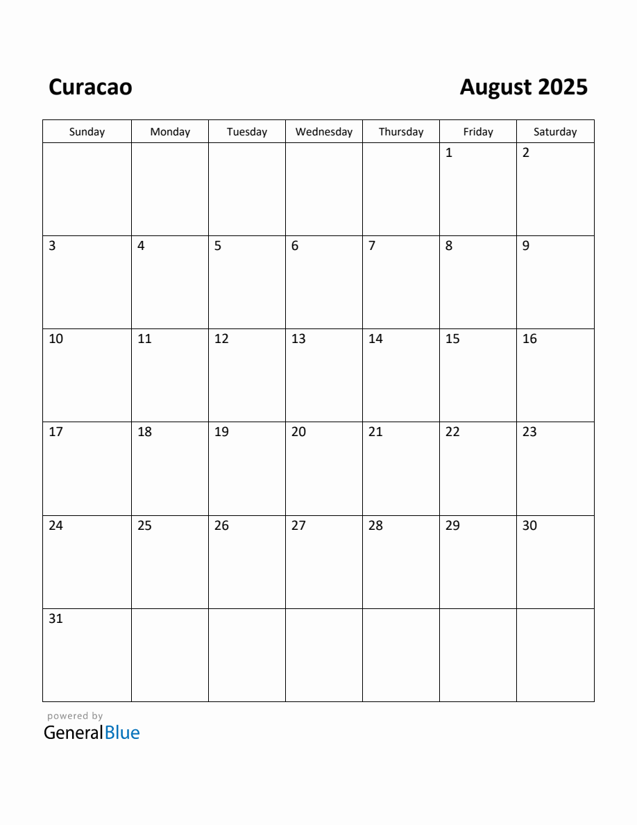 Free Printable August 2025 Calendar for Curacao