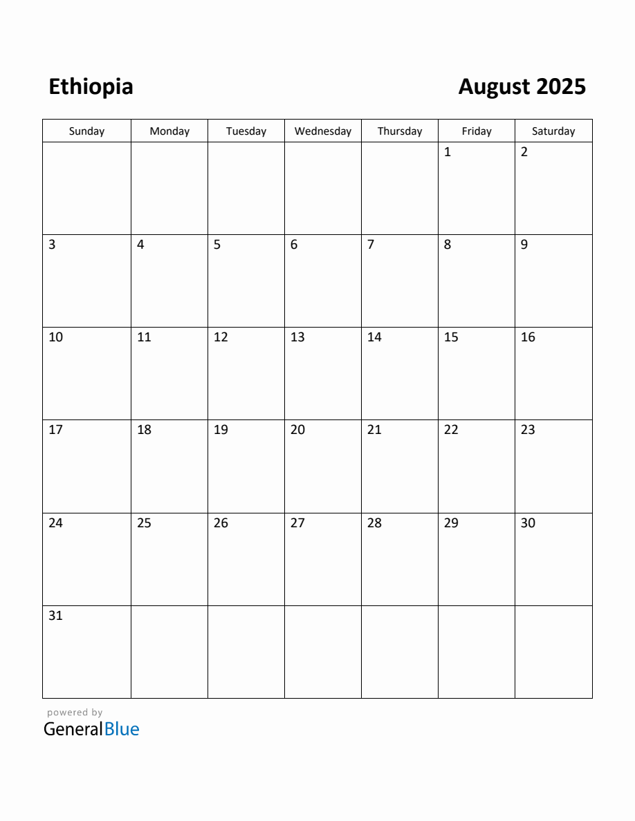 Free Printable August 2025 Calendar for Ethiopia