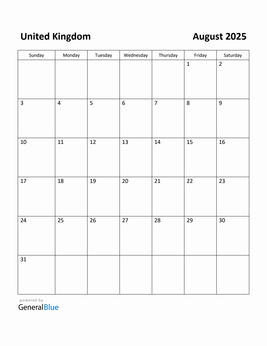 Free Printable August 2025 Calendar for United Kingdom