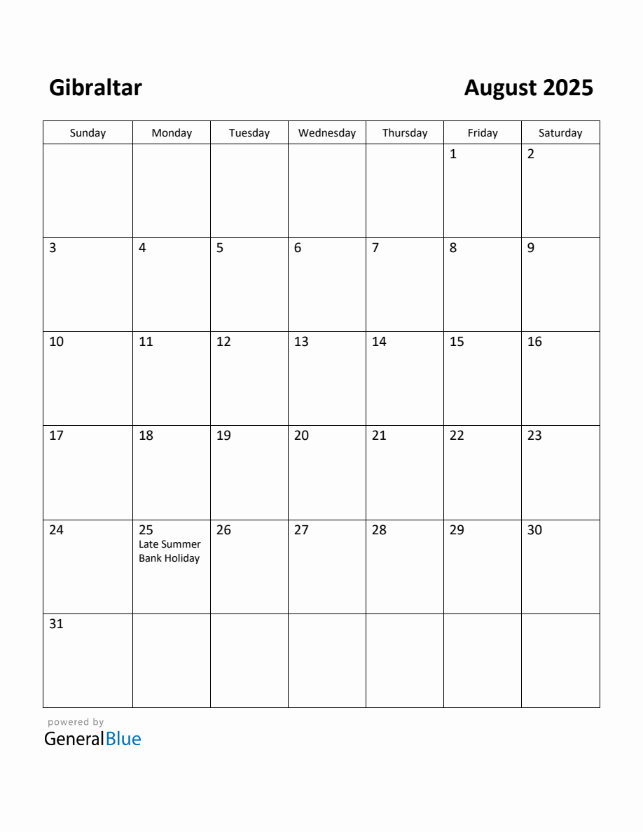 Free Printable August 2025 Calendar for Gibraltar